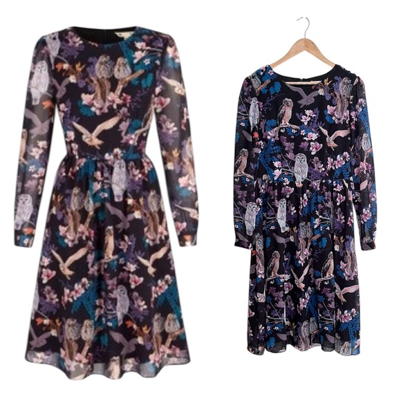 Yumi Purple Black Owl Bird Long Sleeve Fit and Flare Dress 6/8 - Picture 1 of 4